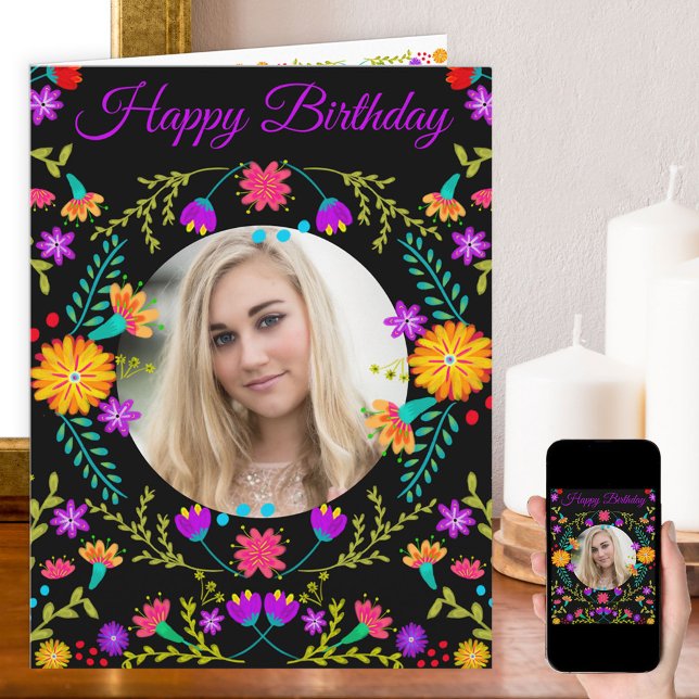 Colorful Mexican Fiesta Flowers Photo Birthday Card (Creator Uploaded)