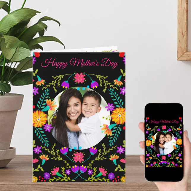 Colorful Mexican Fiesta Flowers Photo Mothers Day Card | Zazzle