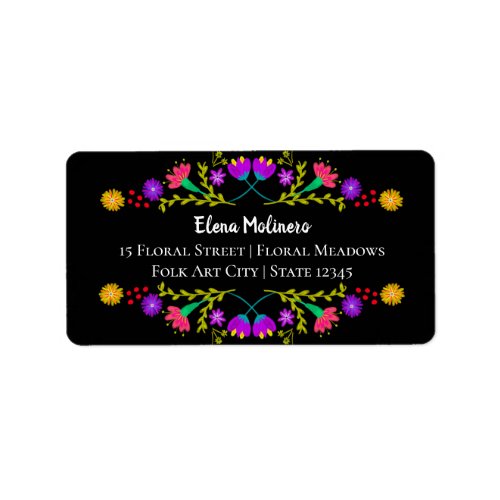 Colorful Mexican Fiesta Folk Art Black Address Label