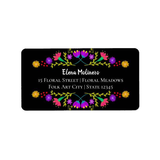 Colorful Mexican Fiesta Folk Art Black Address Label (Front)