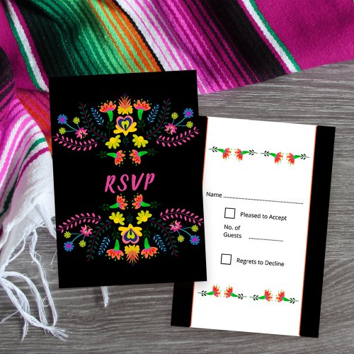 Colorful Mexican Fiesta Party Flowers Black RSVP Card