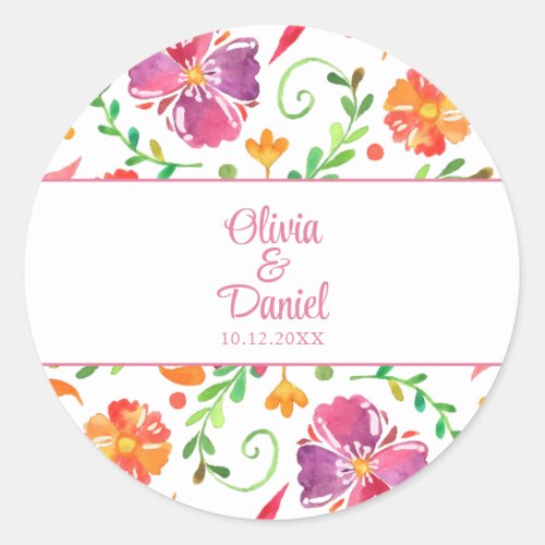 Colorful Mexican Floral Fiesta Wedding  Classic Round Sticker