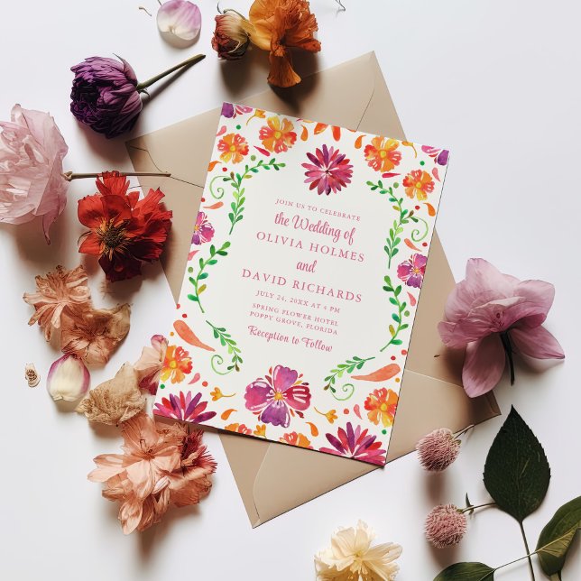 Colorful Mexican Floral Fiesta Wedding Invitation (Colorful Mexican Floral Fiesta Wedding Invitation on white table with colorful flowers.)