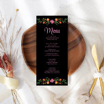 Colorful Mexican Floral Fiesta Wedding Menu Card<br><div class="desc">Create a captivating dining experience with our "Colorful Mexican Floral Fiesta Wedding Menu Card" against a striking black backdrop. This menu card showcases vibrant hand-painted watercolor flowers in shades of orange, red, and purple, embodying the vivacious spirit of Mexico. The elegant dark text stands out against the bold background, presenting...</div>