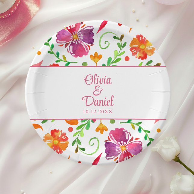 Colorful Mexican Floral Fiesta Wedding  Paper Plates (Colorful Mexican Floral Fiesta Wedding Paper Plates on a table with a white rose.)