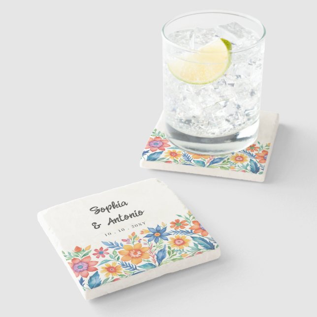 Colorful Mexican Floral Fiesta Wedding Stone Coaster (Side)