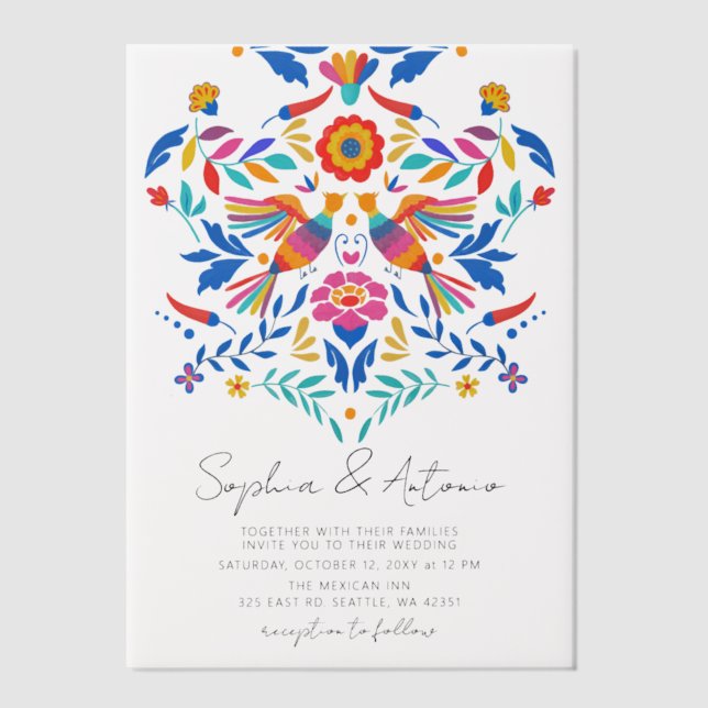 Colorful Mexican Floral Fiesta Wedding Vellum Invitations (Front)