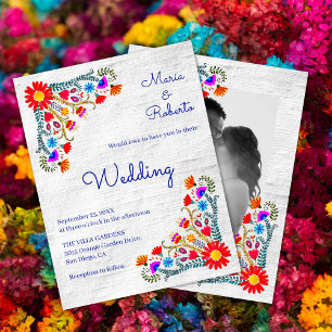 Colorful Mexican Floral Folk Art Photo Wedding  Invitation