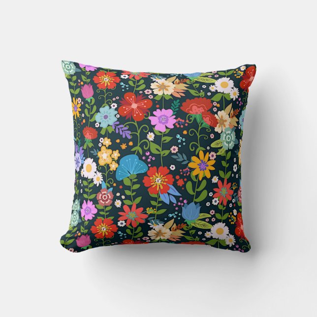 Colorful Mexican Floral Folk Art Throw Pillow (Front)