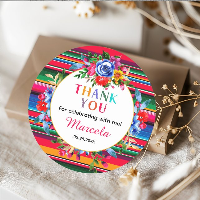 Colorful Mexican Floral & Serape Thank you Favor Classic Round Sticker (Creator Uploaded)
