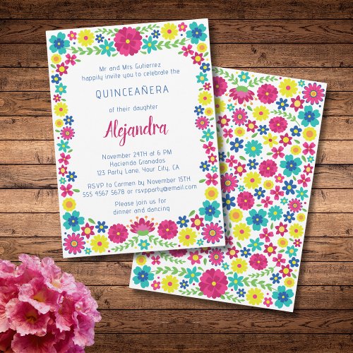 Colorful Mexican flowers quinceaera invitation