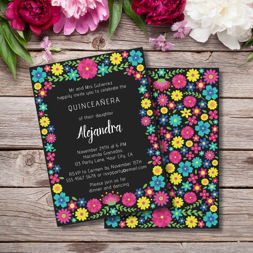 Colorful Mexican flowers quinceaera invitation