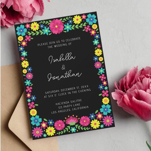 Colorful Mexican flowers wedding invitation
