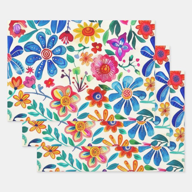 Colorful Mexican Flowers Wrapping Paper Sheets (Set)