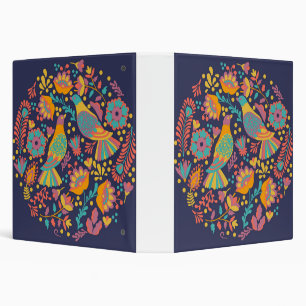 Colorful Mexican Folk Art Birds and Flowers Blue 3 Ring Binder