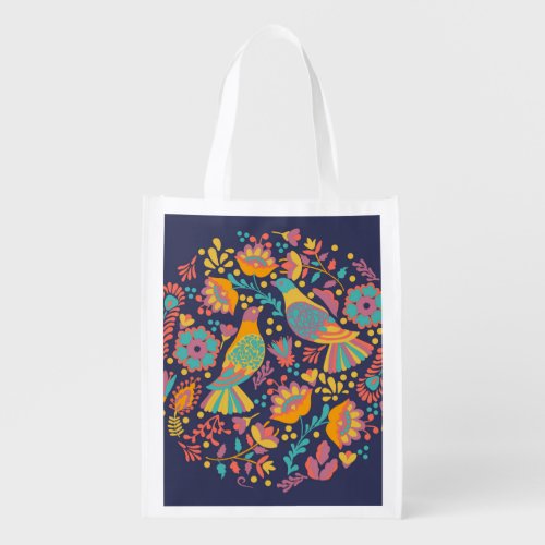 Colorful Mexican Folk Art Birds and Flowers Blue Grocery Bag