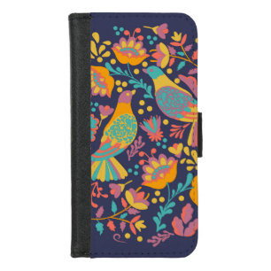 Colorful Mexican Folk Art Birds and Flowers Blue iPhone 8/7 Wallet Case