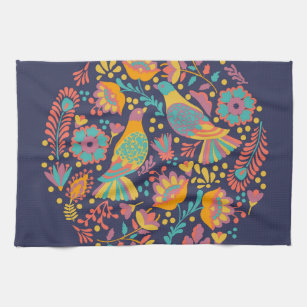 Dish Cloth, Colorful Mexican Traditional Bird Flower Pattern