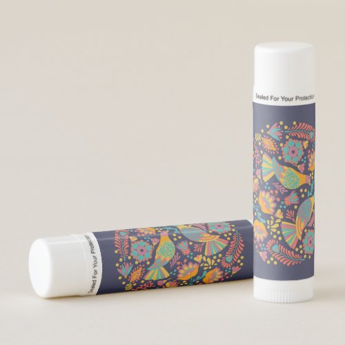 Colorful Mexican Folk Art Birds and Flowers Blue Lip Balm