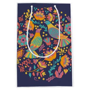 Colorful Mexican Folk Art Birds and Flowers Blue Medium Gift Bag
