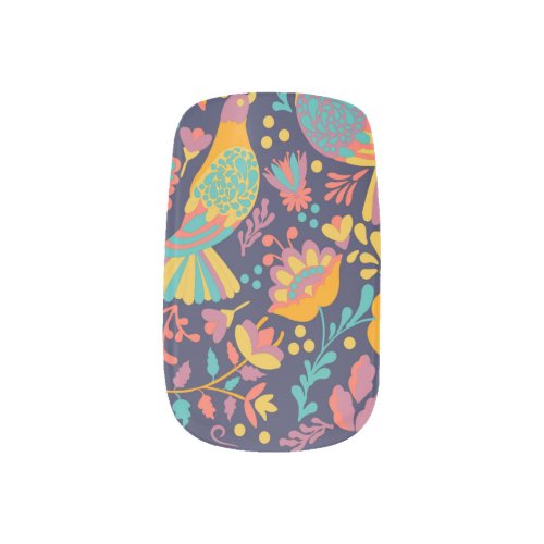 Colorful Mexican Folk Art Birds and Flowers Blue Minx Nail Art