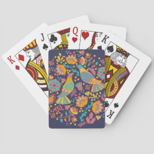 Colorful Mexican Folk Art Birds and Flowers Blue Poker Cards