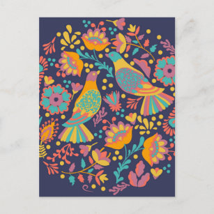 Colorful Mexican Folk Art Birds and Flowers Blue Postcard
