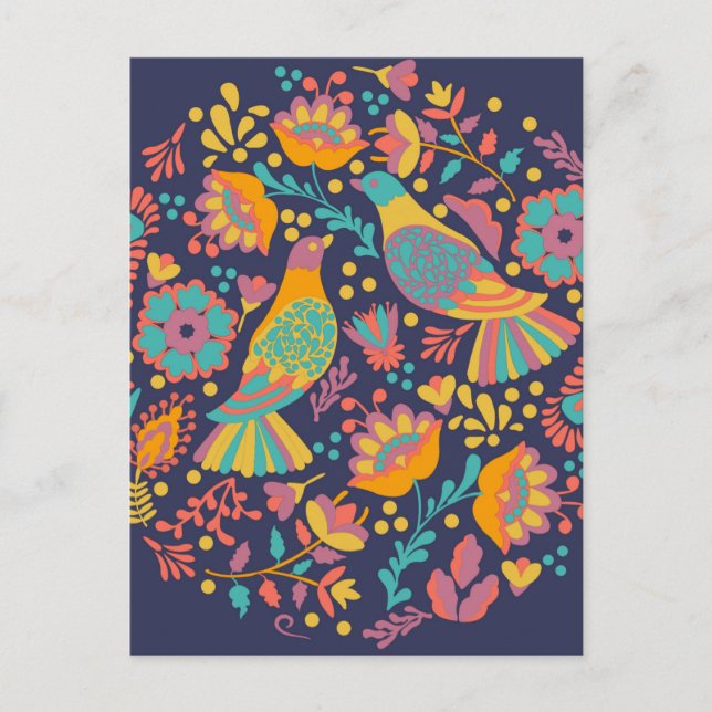 Colorful Mexican Folk Art Birds and Flowers Blue Postcard (Front)