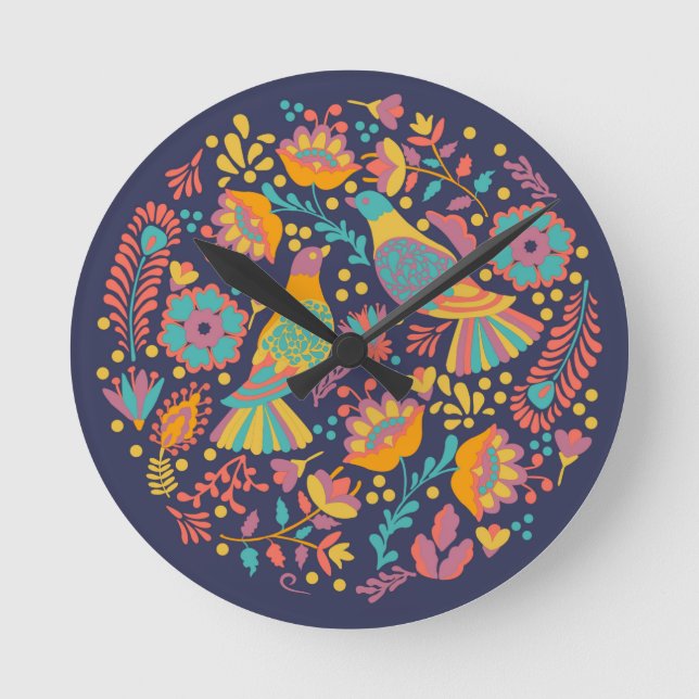 Colorful Mexican Folk Art Birds and Flowers Blue Round Clock (Front)