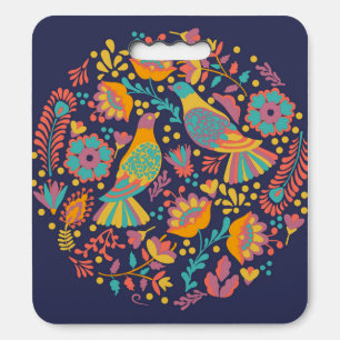Colorful Mexican Folk Art Birds and Flowers Blue Seat Cushion