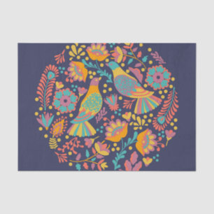 Colorful Mexican Folk Art Birds and Flowers Blue Tissue Paper