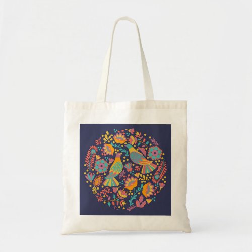 Colorful Mexican Folk Art Birds and Flowers Blue Tote Bag