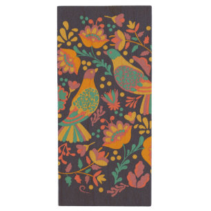 Colorful Mexican Folk Art Birds and Flowers Blue Wood Flash Drive