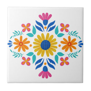 Colorful Mexican Folk Art Floral Ceramic Tile