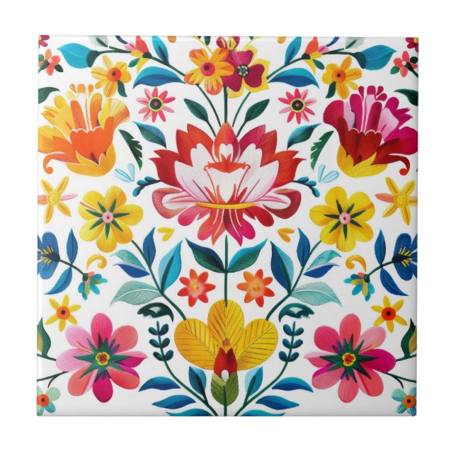 Colorful Mexican Folk Art Floral Ceramic Tile (Front)