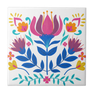 Colorful Mexican Folk Art Floral Ceramic Tile