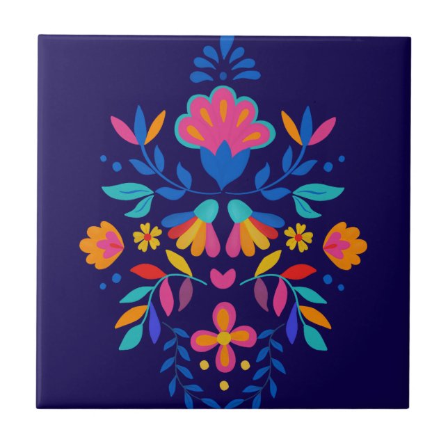 Colorful Mexican Folk Art Floral Ceramic Tile (Front)