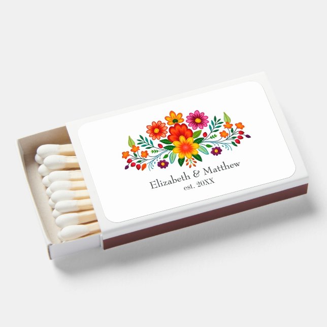 Colorful Mexican Folk Art Floral Custom Wedding Matchboxes (Front Open)
