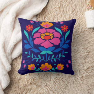 Colorful Mexican Folk Art Floral Throw Pillow