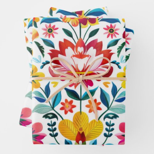 Colorful Mexican Folk Art Floral Wrapping Paper Sheets