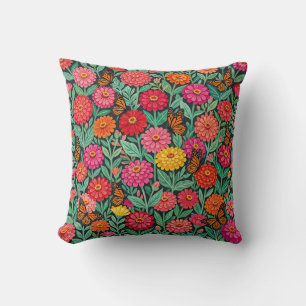 Colorful Mexican Folk Art Zinnia Throw Pillow