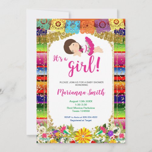 Colorful Mexican Girl Floral Fiesta Baby Shower Invitation