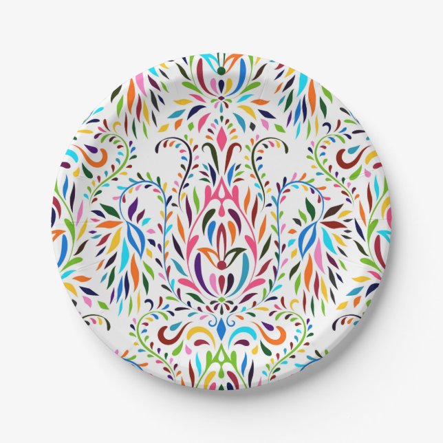 Colorful Mexican Otomi Floral Pattern Paper Plates (Front)