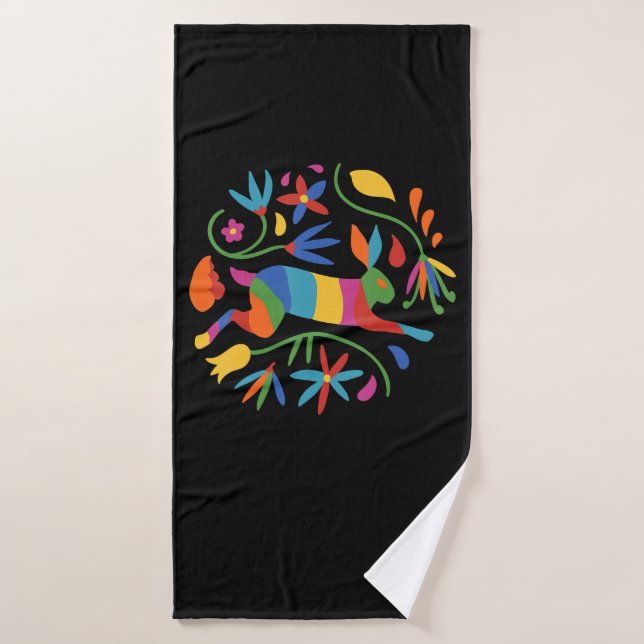 Colorful Mexican Otomi Hare & Flowers Bath Towel (Bath Towel)