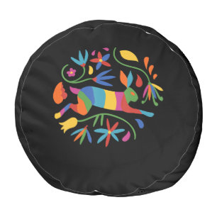 Colorful Mexican Otomi Hare & Flowers Pouf