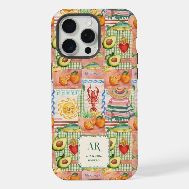 Colorful Mexican Patchwork Print Monogram Iphone Case (Back)