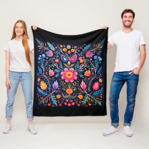 Colorful Mexican Pattern Black Fleece Blanket