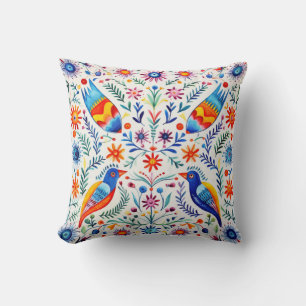 Colorful Mexican Pattern Throw Pillow Birds