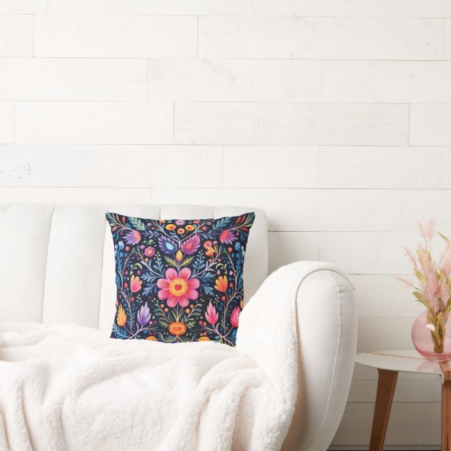 Colorful Mexican Pattern Throw Pillow Black (Couch)