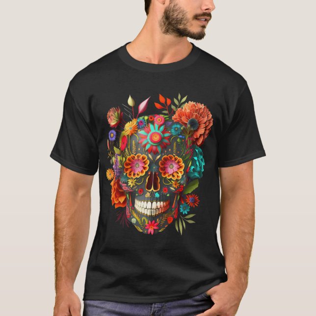 Colorful Mexican Skulls Flowers Halloween Catrina T-Shirt (Front)